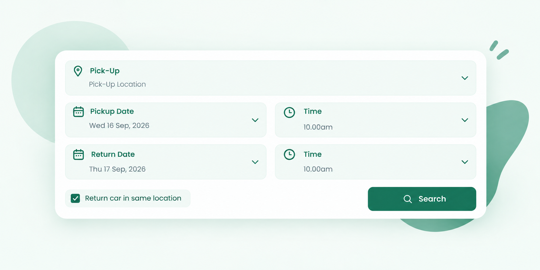 Search and choose a car booking form with pickup location, dates, and search button