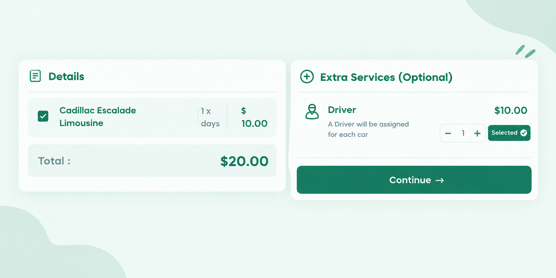 Booking checkout with car details, total price, and extra services like driver, with continue button