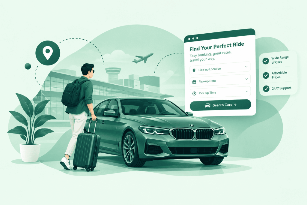 Traveler with luggage beside a car at the airport with a car search booking widget