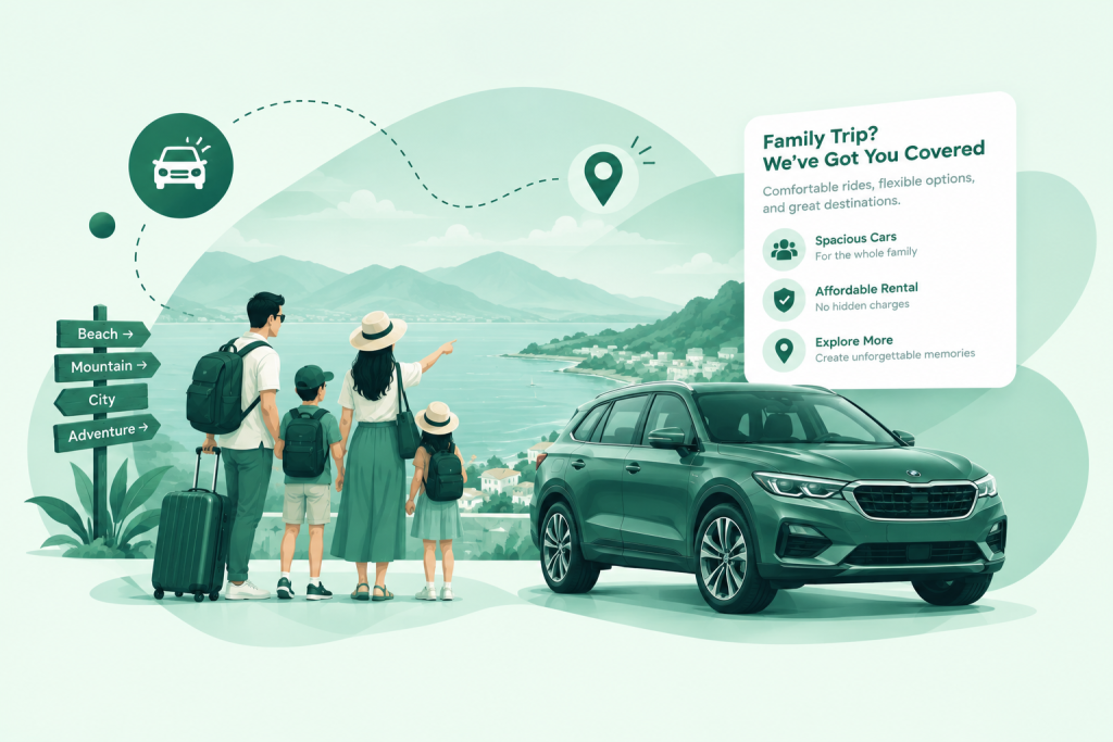 Family with luggage looking at an SUV, with spacious cars, affordable rental, and explore more highlights