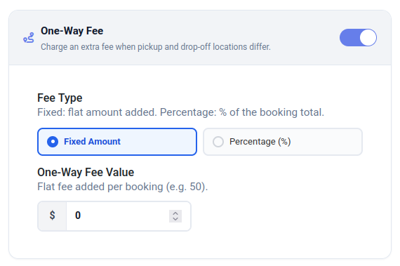 One-Way Fee settings showing toggle enabled, fixed amount fee type selected, and fee value input