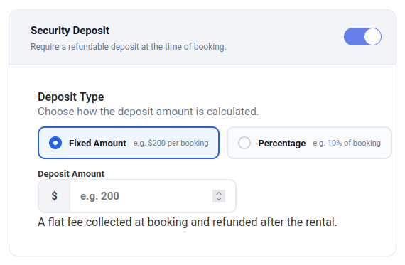 Security Deposit settings showing toggle enabled, fixed amount deposit type, and deposit amount input