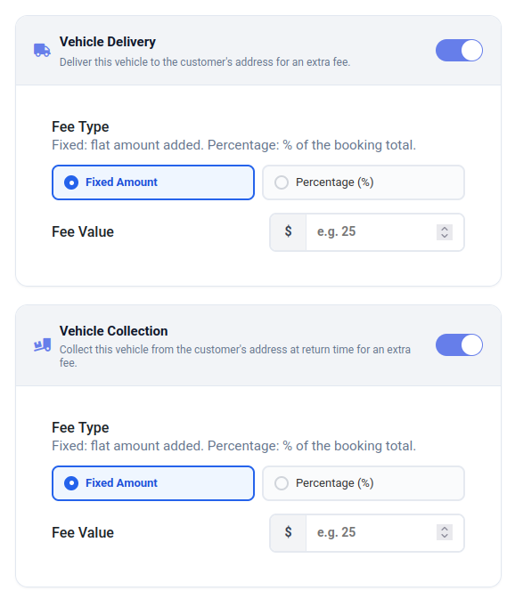 Vehicle Delivery and Vehicle Collection settings, each with fee type and fee value