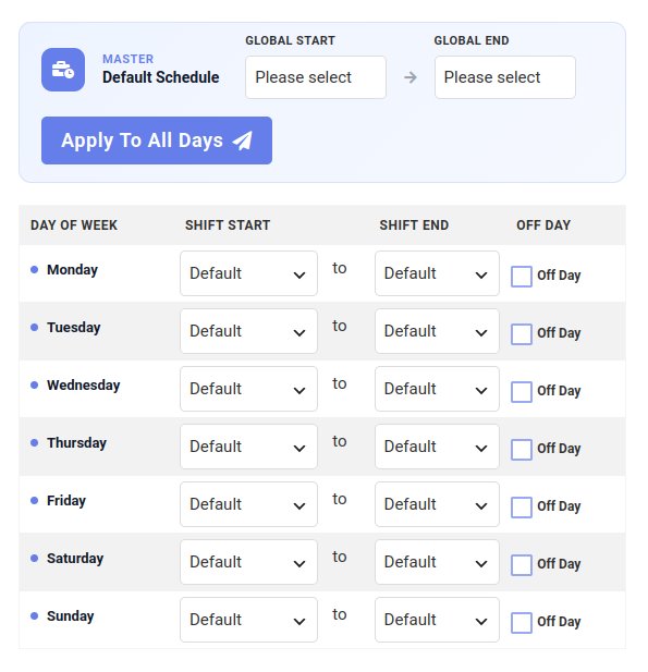 Master default schedule with global start and end times and per-day shift start, shift end, and off day settings