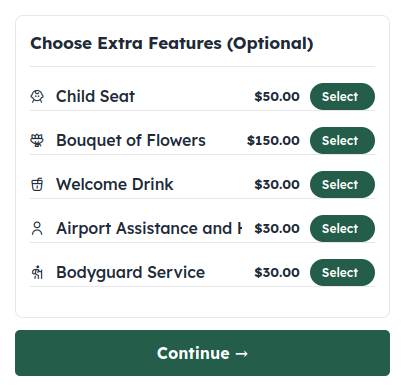 Choose extra features screen with child seat, bouquet of flowers, welcome drink, airport assistance, and bodyguard service, each with a price and select button