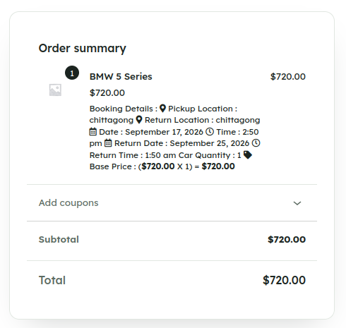 Order summary showing car, booking details with pickup and return location, date and time, quantity and base price, coupon field, subtotal, and total